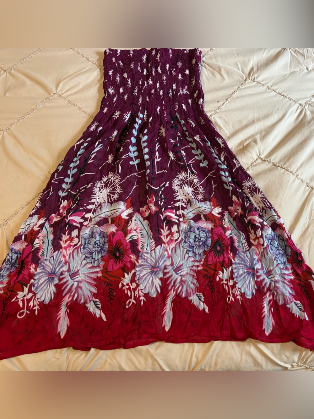 Strapless Floral Ombre Maxi Dress in Burgundy and Plum